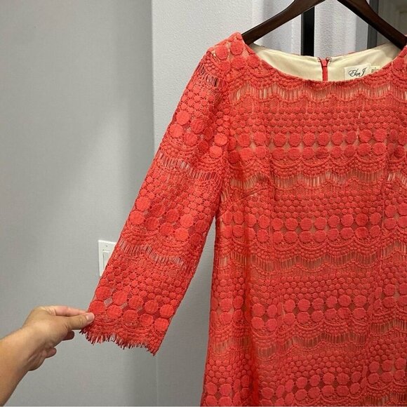 Eliza J 3/4 Length Sleeve Lace Shift Dress Coral Pink Boat Neck Size 6 - Picture 6 of 8